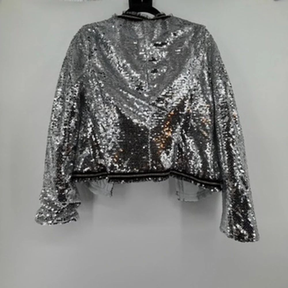 Jealous Tomato Silver Sequin Jacket Womens‎ Medium Rhinestone Trim Open Front